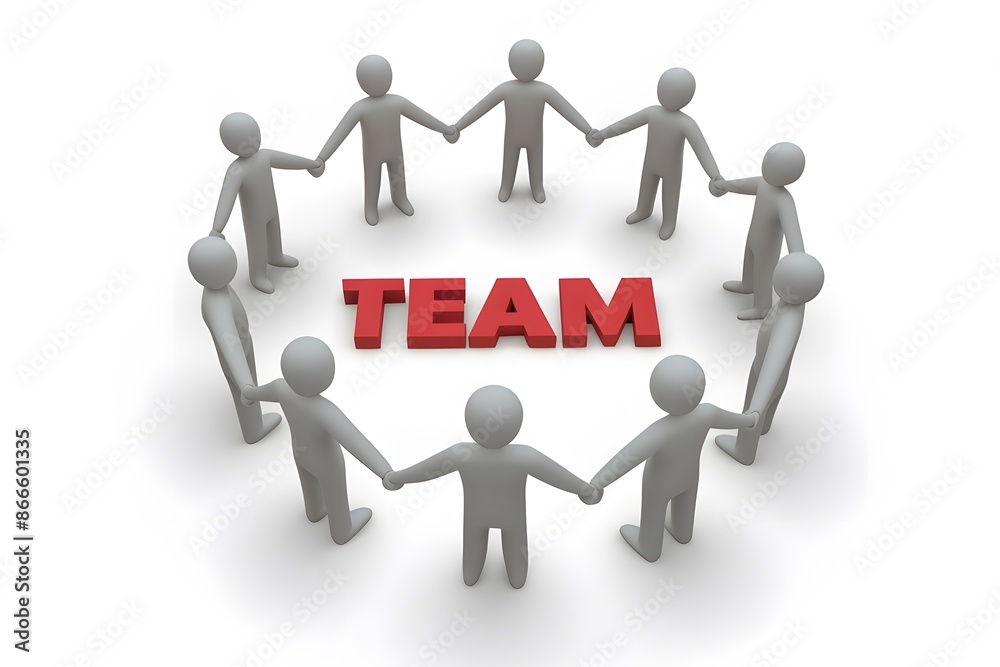 Eight 3D figures hold hands around TEAM, emphasizing unity Eight 3D figures hold hands around TEAM, emphasizing unity