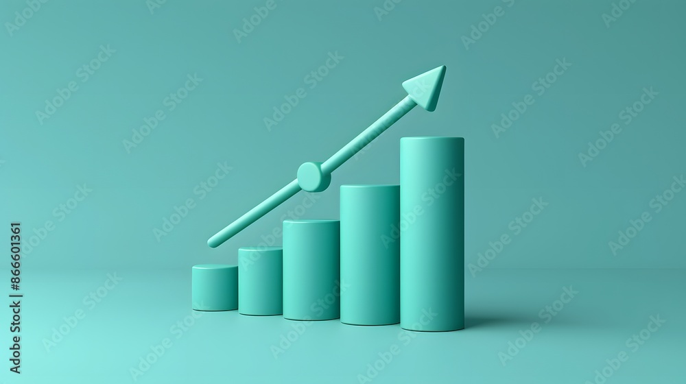 Minimalist 3D illustration of a bar graph with an upward arrow, symbolizing growth, success, and business progress in a teal color scheme. Minimalist 3D illustration of a bar graph with an upward arrow, symbolizing growth, success, and business progress in a teal color scheme.