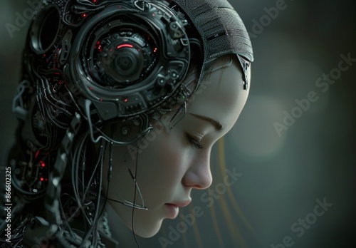 Close-Up Portrait of a Cyborg Woman in a Dark Forest Setting