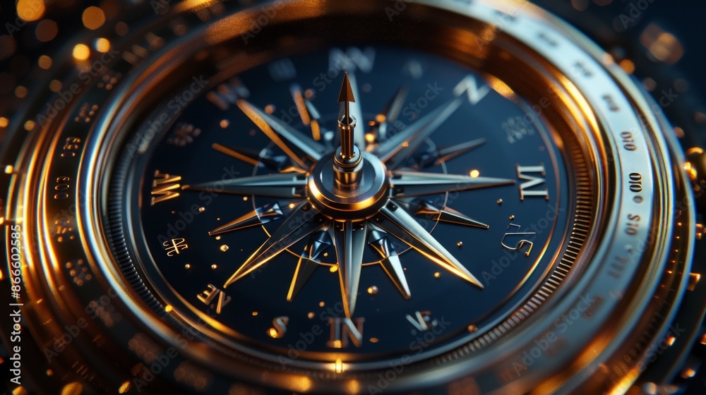 Close-up of a Gilded Compass with a Star-Shaped Needle Close-up of a Gilded Compass with a Star-Shaped Needle