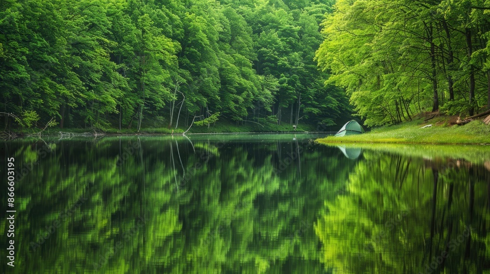 A peaceful campsite on the edge of a calm, reflective lake surrounded by dense, vibrant green forest. A peaceful campsite on the edge of a calm, reflective lake surrounded by dense, vibrant green forest.