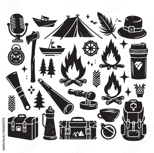 Camping and Outdoors set silhouette vector illustration