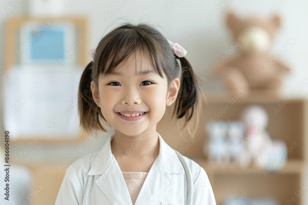A young girl in a white lab coat is smiling and posing for a picture. The room she is in has a teddy bear on a shelf and a few books A young girl in a white lab coat is smiling and posing for a picture. The room she is in has a teddy bear on a shelf and a few books