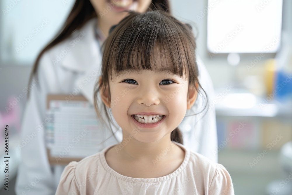 A young girl is smiling at the camera while a woman in a white lab coat looks on. The girl is wearing a pink shirt and has a clipboard in front of her. The scene appears to be a medical setting A young girl is smiling at the camera while a woman in a white lab coat looks on. The girl is wearing a pink shirt and has a clipboard in front of her. The scene appears to be a medical setting