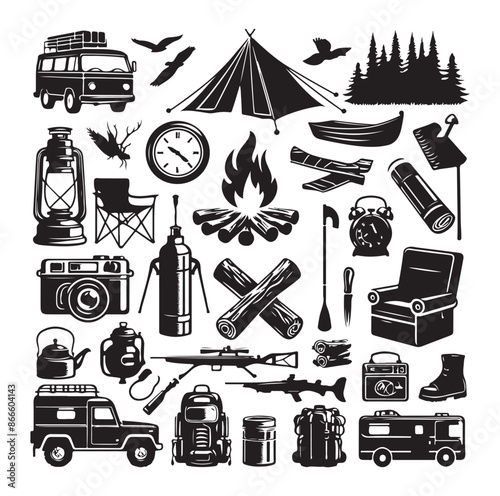 Camping and Outdoors set silhouette vector illustration