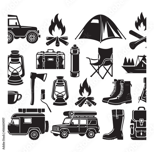 Camping and Outdoors set silhouette vector illustration