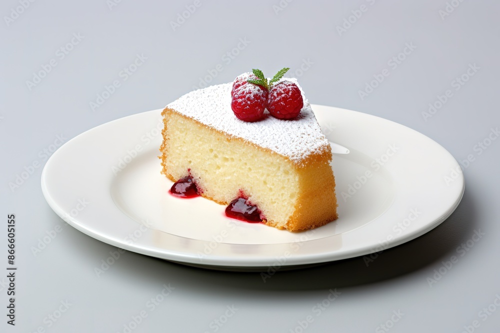 A sponge cake is sitting on a white plate A sponge cake is sitting on a white plate