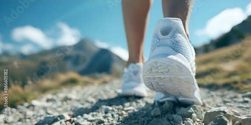 A Runner's Sneaker on a Fitness Trail Closeup Rear View. Concept Fitness, Running, Sneakers, Outdoors, Closeup