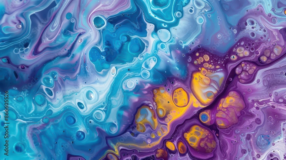 Vibrant Abstract Acrylic Fluid Art Painting with Blue, Purple, and Yellow Swirls and Cells Vibrant Abstract Acrylic Fluid Art Painting with Blue, Purple, and Yellow Swirls and Cells