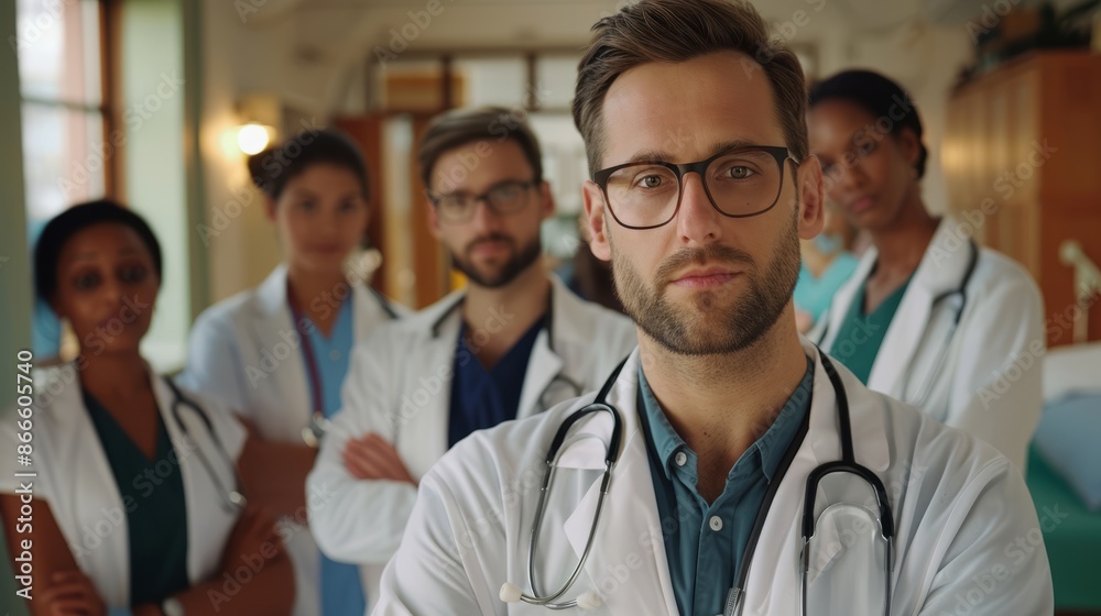 A group of doctors stand together in a hospital hallway A group of doctors stand together in a hospital hallway