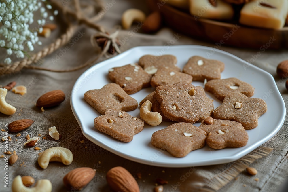 A white plate with sweet cookies and nuts on it A white plate with sweet cookies and nuts on it