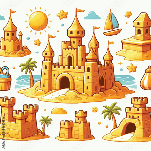 Cartoon sandcastle with tower, gate and window for summer beach vacation and children play concept. Vector illustration set of palace sculpture made of yellow shore sand. Summertime activity elements.