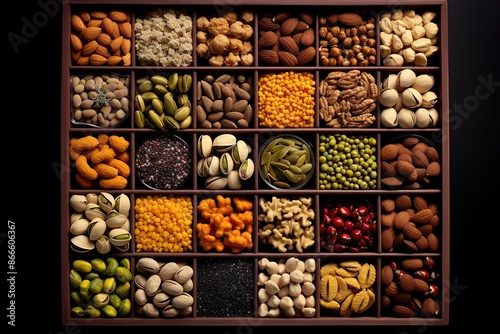 A variety of nuts and seeds in a square tray