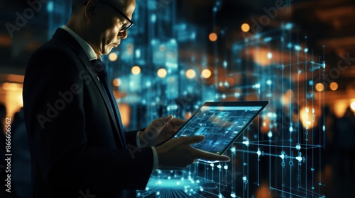 Businessman using digital tablet with holographic interface