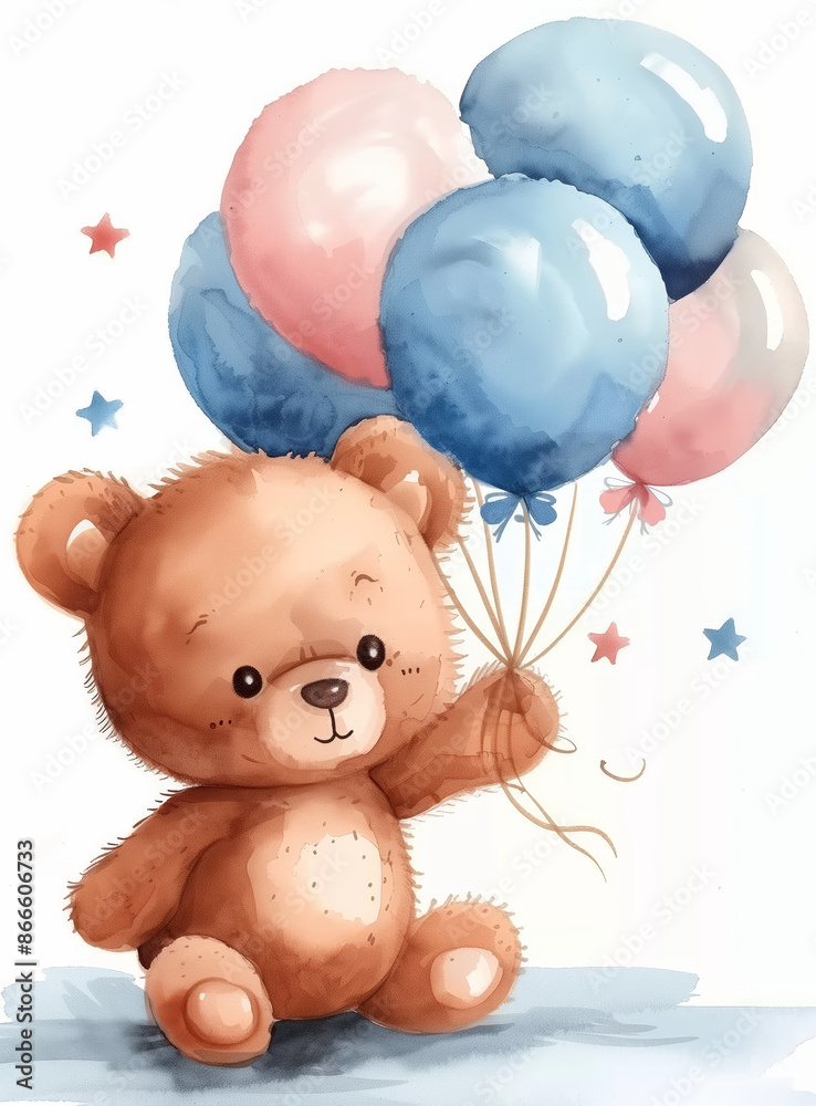 A cute cartoon of a brown teddy bear sitting with a bunch of blue and pink balloons in its hand. The teddy bear has large, black eyes and a small, black nose. A cute cartoon of a brown teddy bear sitting with a bunch of blue and pink balloons in its hand. The teddy bear has large, black eyes and a small, black nose.