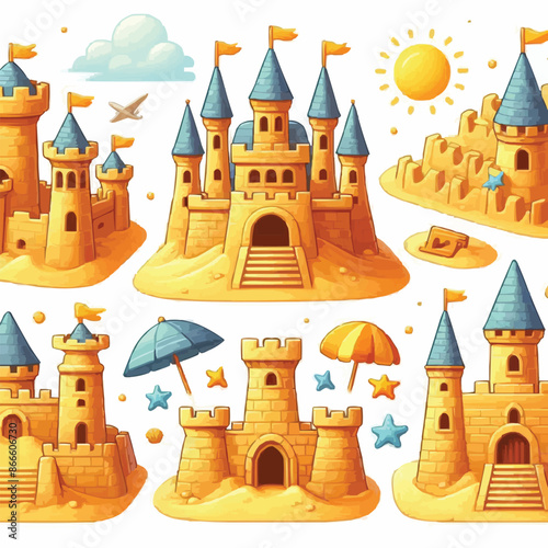 Cartoon sandcastle with tower, gate and window for summer beach vacation and children play concept. Vector illustration set of palace sculpture made of yellow shore sand. Summertime activity elements.