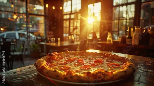 A high contrast portrait of a pizza on a clean wooden table with a restaurant background with a beautiful outdoor view and a big space for text or product, Generative AI.