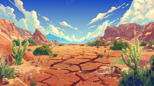 Arid Desert Landscape Cracked Earth Withered Vegetation Cartoon Background Dry Desert Scene Drought Arid Terrain Barren Wilderness Hot Climate Scorching Wasteland Desertification