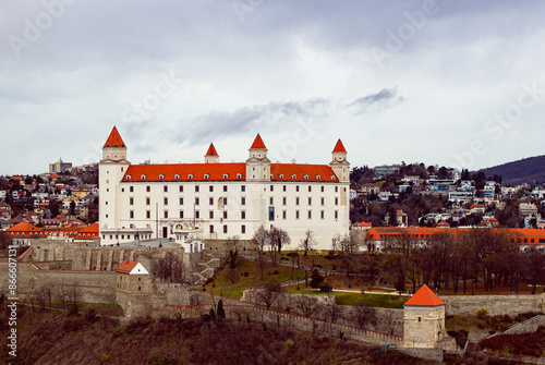 Close up view of Bratislava Castle, the main castle of Bratislava city, Slovakia. It stands on isolated rocky hill of the Little Carpathians, directly above the Danube river