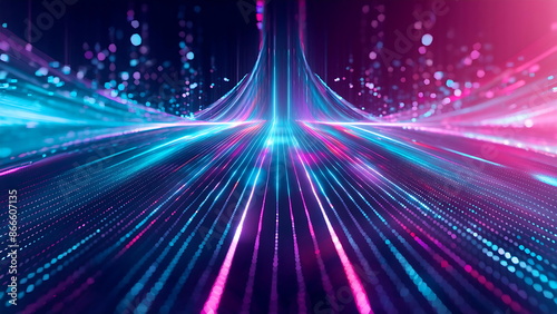 Abstract digital data flow in neon blue and pink color, glowing digital light trails and lines, for modern tech and innovation background