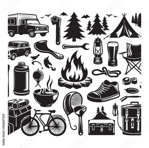 Camping and Outdoors set silhouette vector illustration
