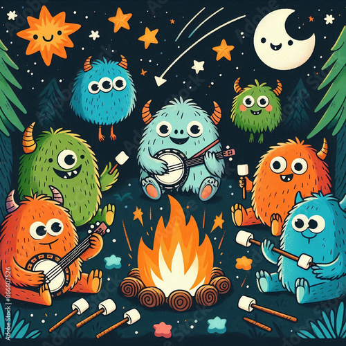 Fuzzy Campfire monsters Playing with guitar and enjoying time