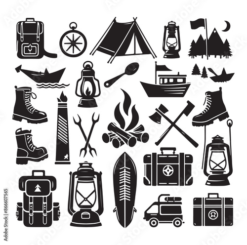 Camping and Outdoors set silhouette vector illustration