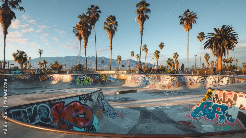 Naklejka premium Graffiti-covered skate park with palm trees in the background