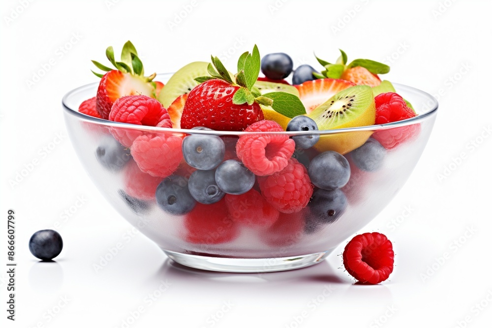Glass bowl with fresh fruits salad and berries isolated on white Glass bowl with fresh fruits salad and berries isolated on white