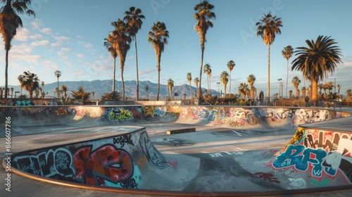 Graffiti-covered skate park with palm trees in the background photo