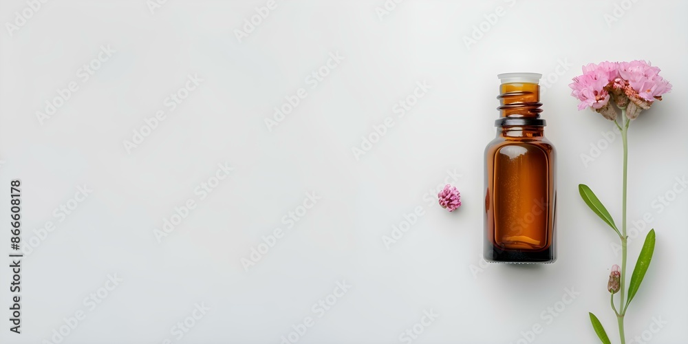 Vibrant Essential Oil Bottle with Floral Accents on White Background - Text Space. Concept Still Life Photography, Aromatherapy Products, Floral Arrangements, White Background