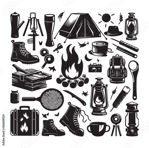 Camping and Outdoors set silhouette vector illustration