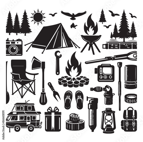 Camping and Outdoors set silhouette vector illustration