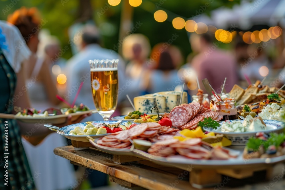 The focus of the meal is on beer and snacks in a beer garden in Bavaria, Germany The focus of the meal is on beer and snacks in a beer garden in Bavaria, Germany