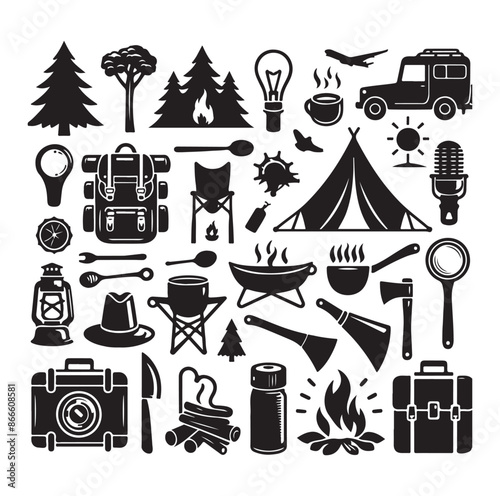 Camping and Outdoors set silhouette vector illustration