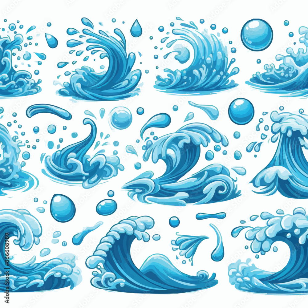 Liquid water splashes, falling aqua drops, sea or ocean waves and swirl. Blue water motion effects vector cartoon set Liquid water splashes, falling aqua drops, sea or ocean waves and swirl. Blue water motion effects vector cartoon set