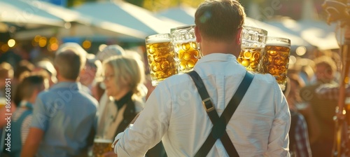 A waiter serves beer at Oktoberfest in Munich, Germany. People in traditional Bavarian costumes look on.