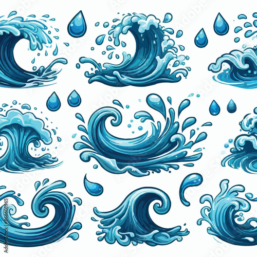 Liquid water splashes, falling aqua drops, sea or ocean waves and swirl. Blue water motion effects vector cartoon set