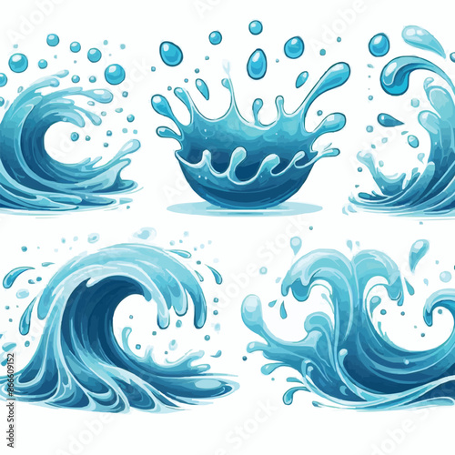 Liquid water splashes, falling aqua drops, sea or ocean waves and swirl. Blue water motion effects vector cartoon set