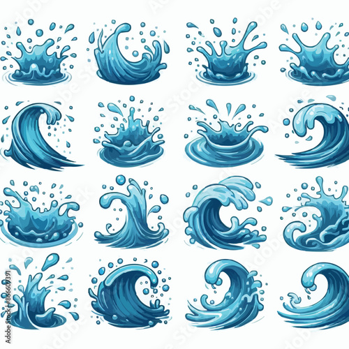 Liquid water splashes, falling aqua drops, sea or ocean waves and swirl. Blue water motion effects vector cartoon set