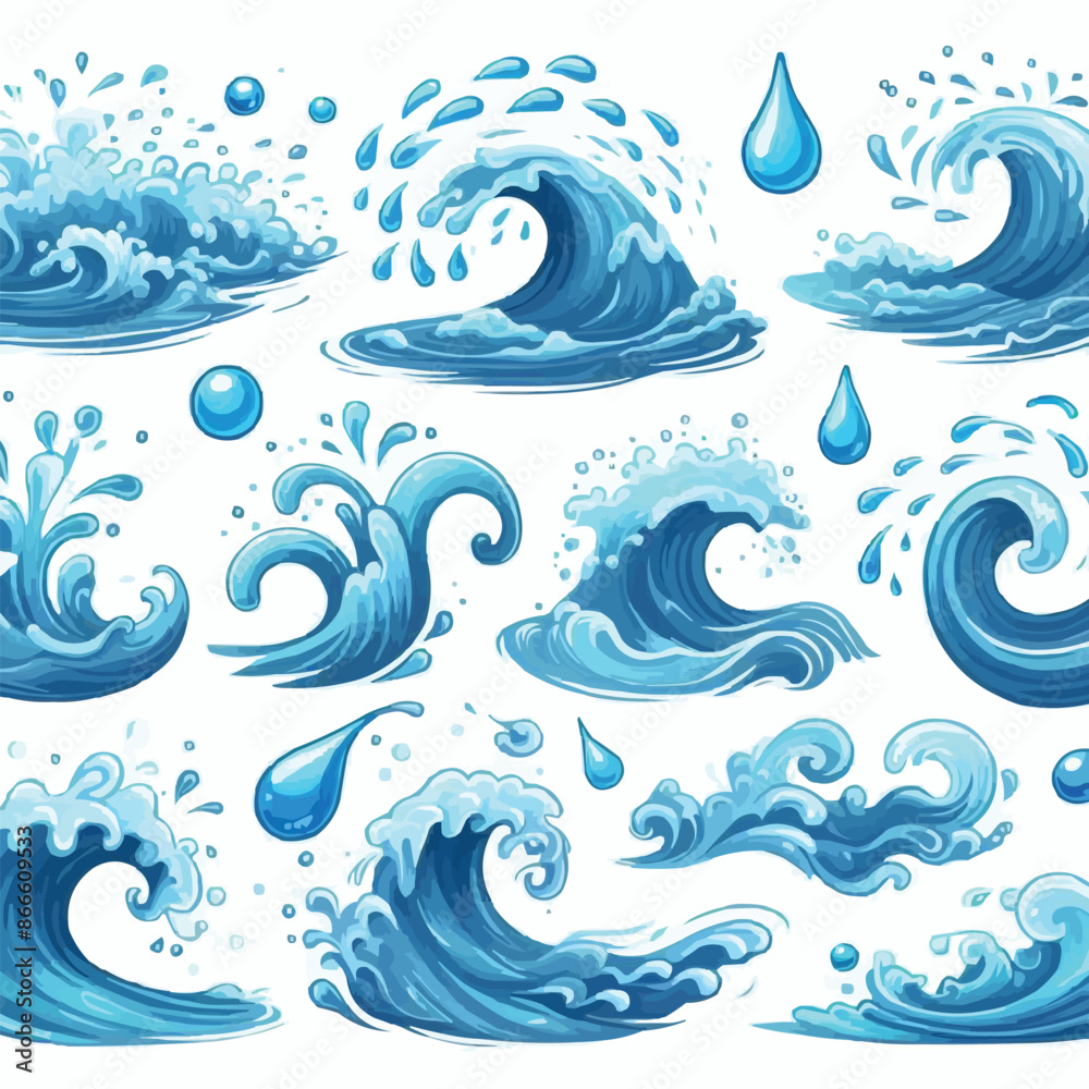 Liquid water splashes, falling aqua drops, sea or ocean waves and swirl. Blue water motion effects vector cartoon set Liquid water splashes, falling aqua drops, sea or ocean waves and swirl. Blue water motion effects vector cartoon set