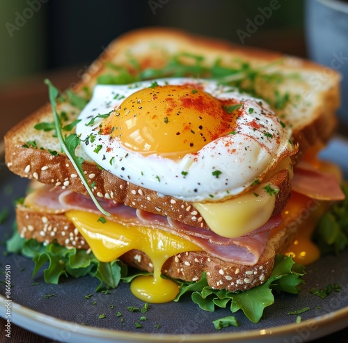 Fried Egg, Ham, and Cheese Sandwich on Toasted Bread