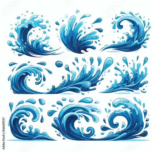 Liquid water splashes, falling aqua drops, sea or ocean waves and swirl. Blue water motion effects vector cartoon set