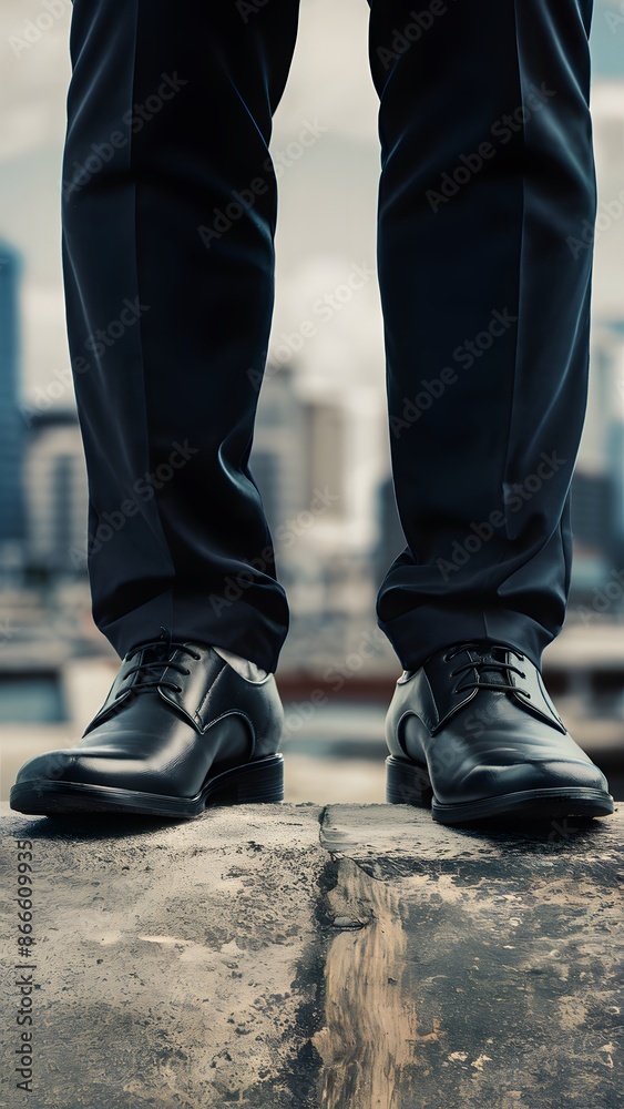 Black shoes on concrete with blurred cityscape, urban contemplation Vertical Mobile Wallpaper Black shoes on concrete with blurred cityscape, urban contemplation Vertical Mobile Wallpaper