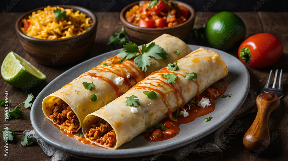 mexican food: enchiladas on a plate closeup mexican food: enchiladas on a plate closeup