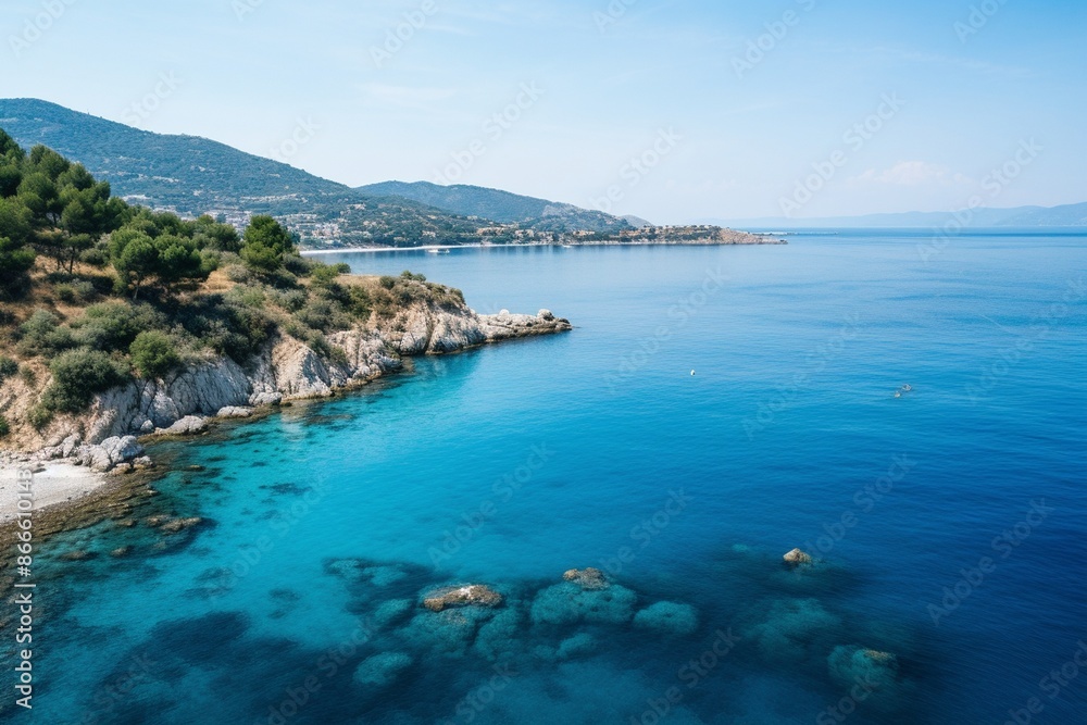 High angle shot of the ocean in different shades of blue in samos, greece High angle shot of the ocean in different shades of blue in samos, greece