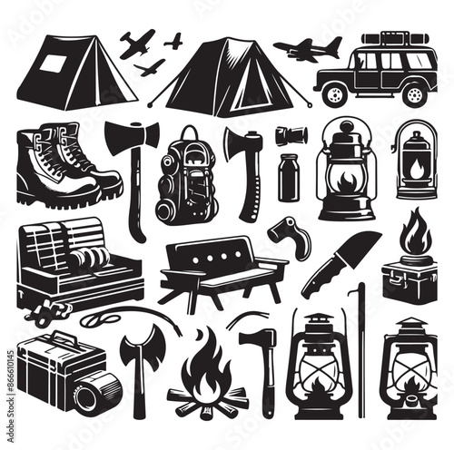 Camping and Outdoors set silhouette vector illustration