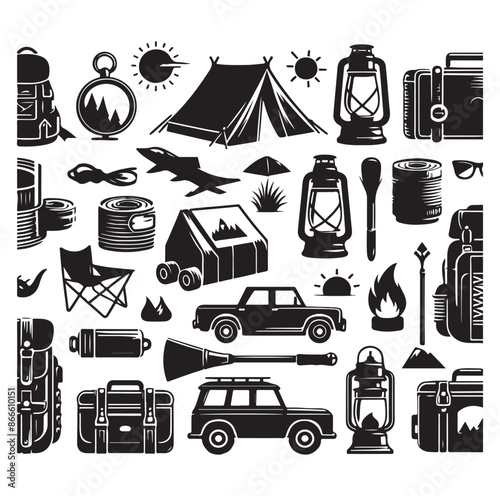 Camping and Outdoors set silhouette vector illustration