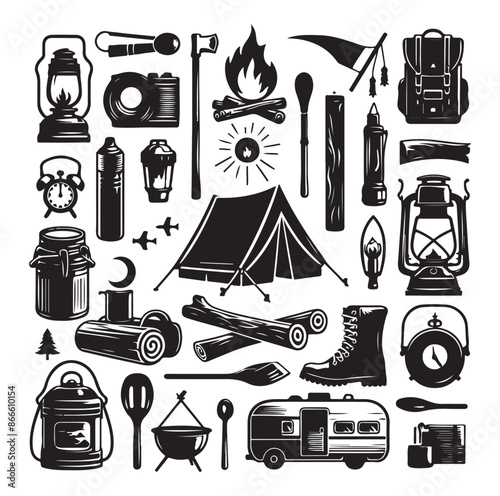 Camping and Outdoors set silhouette vector illustration