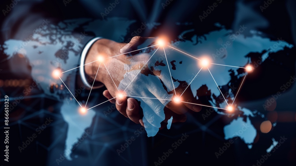 Global world map network connection with man handshake, digital technology, internet communication, teamwork, partnership concept, world map and stock market graph diagram. Global world map network connection with man handshake, digital technology, internet communication, teamwork, partnership concept, world map and stock market graph diagram.